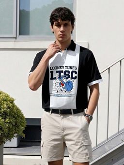 The Indian Garage Co - Black Men Boxy Fit Looney Tunes Printed Half Sleeves Polo T-Shirt