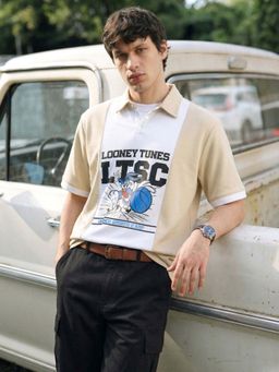 The Indian Garage Co - Beige Men Boxy Fit Looney Tunes Printed Half Sleeves Polo T-Shirt