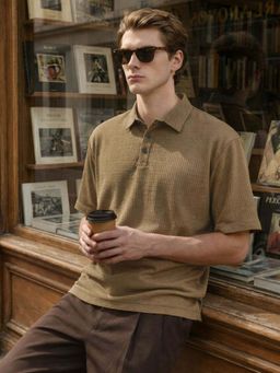 The Indian Garage Co - Olive Men Boxy Fit Textured Round Neck Half Sleeves Polo T-Shirt