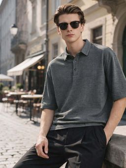 The Indian Garage Co - Grey Men Boxy Fit Textured Round Neck Half Sleeves Polo T-Shirt