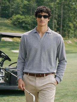 The Indian Garage Co - Grey Men Oversized Fit Textured Full Sleeves Polo T-Shirt