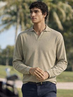 The Indian Garage Co - Beige Men Oversized Fit Textured Full Sleeves Polo T-Shirt