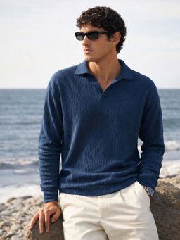 The Indian Garage Co - Blue Men Oversized Fit Textured Full Sleeves Polo T-Shirt