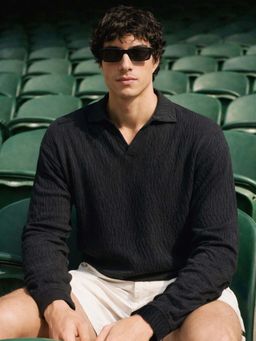 The Indian Garage Co - Black Men Oversized Fit Textured Full Sleeves Polo T-Shirt