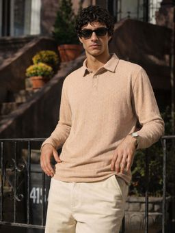 The Indian Garage Co - Peach Men Relaxed Fit Textured Full Sleeves Polo T-Shirt