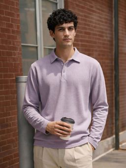 The Indian Garage Co - Purple Men Relaxed Fit Textured Full Sleeves Polo T-Shirt
