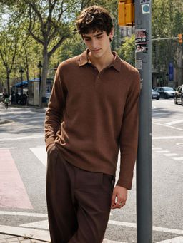 The Indian Garage Co - Brown Men Relaxed Fit Textured Full Sleeves Polo T-Shirt
