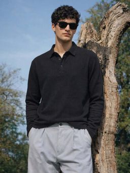 The Indian Garage Co - Black Men Relaxed Fit Textured Full Sleeves Polo T-Shirt