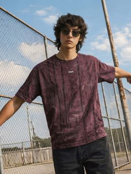 The Indian Garage Co - Wine Men Boxy Fit Distressed Round Neck Half Sleeves T-Shirt