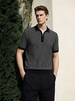 The Indian Garage Co - Black Men Slim Fit Striped Half Sleeves Polo T-Shirt