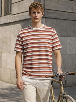 The Indian Garage Co - Rust Men Slim Fit Striped Crew Neck Half Sleeves T-Shirt