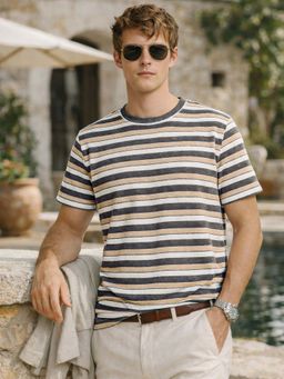 The Indian Garage Co - Blue Men Slim Fit Striped Crew Neck Half Sleeves T-Shirt