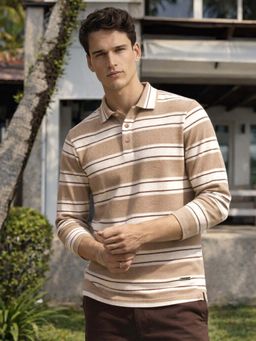 The Indian Garage Co - Brown Men Slim Fit Striped Full Sleeves Polo T-Shirt
