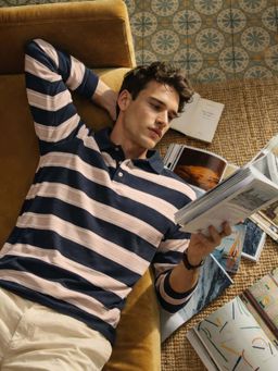 The Indian Garage Co - Teal Men Slim Fit Striped Full Sleeves Polo T-Shirt