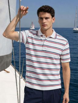 The Indian Garage Co - White Men Regular Fit Striped Half Sleeves Polo T-Shirt
