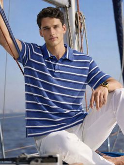 The Indian Garage Co - Blue Men Regular Fit Striped Half Sleeves Polo T-Shirt