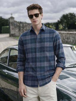 The Indian Garage Co - Blue Men Slim Fit Checked Cutaway Collar Full Sleeves Shirt