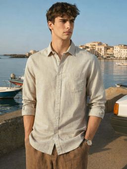 The Indian Garage Co - Khaki Men Slim Fit Solid Cutaway Collar Full Sleeves Shirt