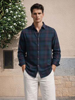 The Indian Garage Co - Green Men Slim Fit Checked Cutaway Collar Full Sleeves Shirt