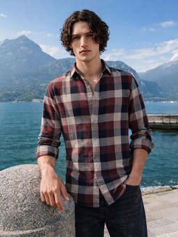 The Indian Garage Co - Maroon Men Slim Fit Checked Cutaway Collar Full Sleeves Shirt