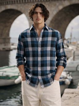 The Indian Garage Co - Blue Men Slim Fit Checked Cutaway Collar Full Sleeves Shirt