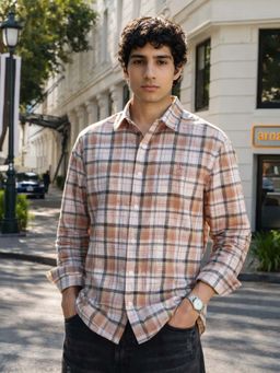 The Indian Garage Co - Peach Men Slim Fit Checked Cutaway Collar Full Sleeves Shirt