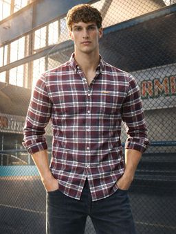 The Indian Garage Co - Maroon Men Slim Fit Checked Buttondown Collar Full Sleeves Shirt