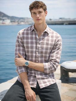 The Indian Garage Co - Brown Men Slim Fit Checked Cutaway Collar Full Sleeves Shirt