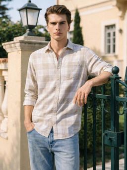 The Indian Garage Co - Cream Men Slim Fit Checked Cutaway Collar Full Sleeves Shirt