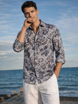 The Indian Garage Co - Grey Men Regular Fit Floral Printed Cutaway Collar Full Sleeves Shirt