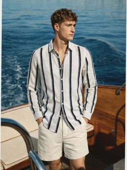 The Indian Garage Co - White Men Regular Fit Vertical Striped Cutaway Collar Full Sleeves Shirt