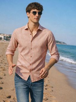 The Indian Garage Co - Rust Men Regular Fit Vertical Striped Cutaway Collar Full Sleeves Shirt