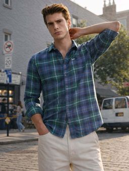 The Indian Garage Co - Teal Men Slim Fit Checked Cutaway Collar Full Sleeves Shirt