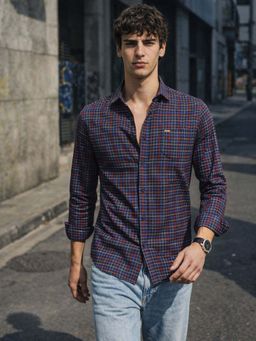 The Indian Garage Co - Blue Men Slim Fit Checked Cutaway Collar Full Sleeves Shirt