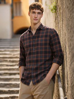 The Indian Garage Co - Brown Men Slim Fit Checked Cutaway Collar Full Sleeves Shirt