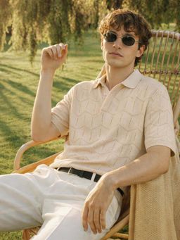 The Indian Garage Co - Cream Men Oversized Fit Textured Half Sleeves Polo T-Shirt