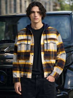 The Indian Garage Co - Brown Men Boxy Fit Checked Hooded Full Sleeves Cropped Shirt