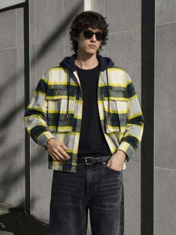 The Indian Garage Co - Green Men Boxy Fit Checked Hooded Full Sleeves Cropped Shirt