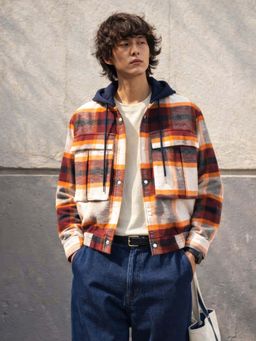 The Indian Garage Co - Maroon Men Boxy Fit Checked Hooded Full Sleeves Cropped Shirt