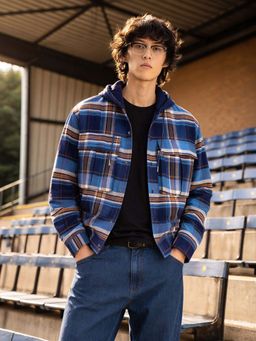 The Indian Garage Co - Navy Blue Men Boxy Fit Checked Hooded Full Sleeves Cropped Shirt