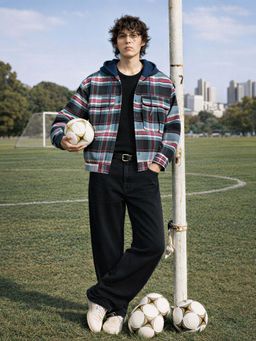 The Indian Garage Co - Black Men Boxy Fit Checked Hooded Full Sleeves Cropped Shirt