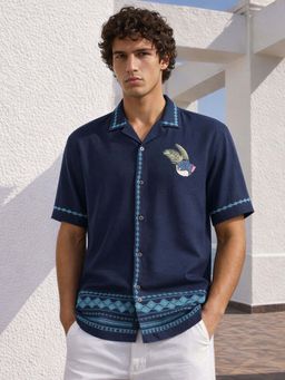 The Indian Garage Co - Blue Men Relaxed Fit Embroided Cuban Collar Half Sleeves Shirt