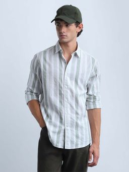 Flying Machine - Green Men's Vertical Striped Slim Fit Shirt