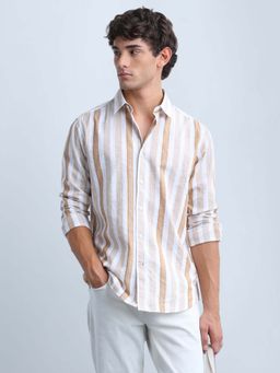 Flying Machine - Beige Men's Vertical Striped Slim Fit Shirt