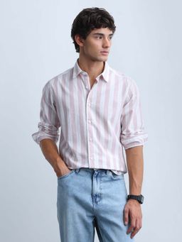 Flying Machine - Pink Men's Vertical Striped Slim Fit Shirt