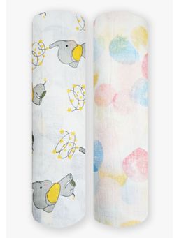 Polka Tots - White Baby Elephant & Multi Dots Muslin Cotton Swaddles (Pack of 2)