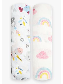 Polka Tots - White Rainbow Mist & Hello Baby Muslin Cotton Swaddles (Pack of 2)