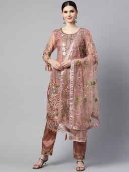Readiprint - Semi-Stitched Straight Style Net Fabric Brown Kurta with Bottom & Dupatta (Set of 3)