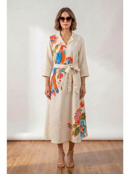 Jisora - Women Off White Cotton Flex Dress with Belt