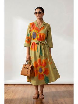 Jisora - Women Green Cotton Dress with Belt